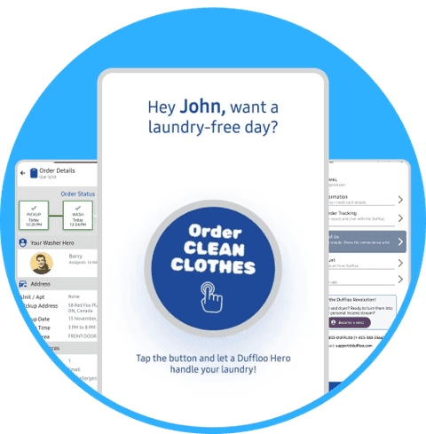 The Duffloo app: the Order Clean Clothes button, live order status and your Washer Hero's details